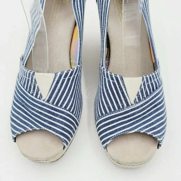 Toms Blue Striped Peep Toe Espadrille Wedge Sandal Size 7.5 - Picture 5 of 8